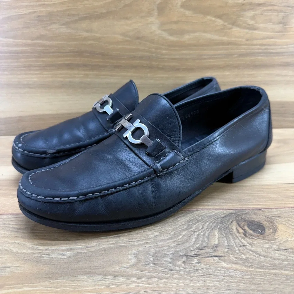Salvatore Ferragamo Gancini Bit Loafers Mens 9 EE Black Leather Moc Toe Formal
